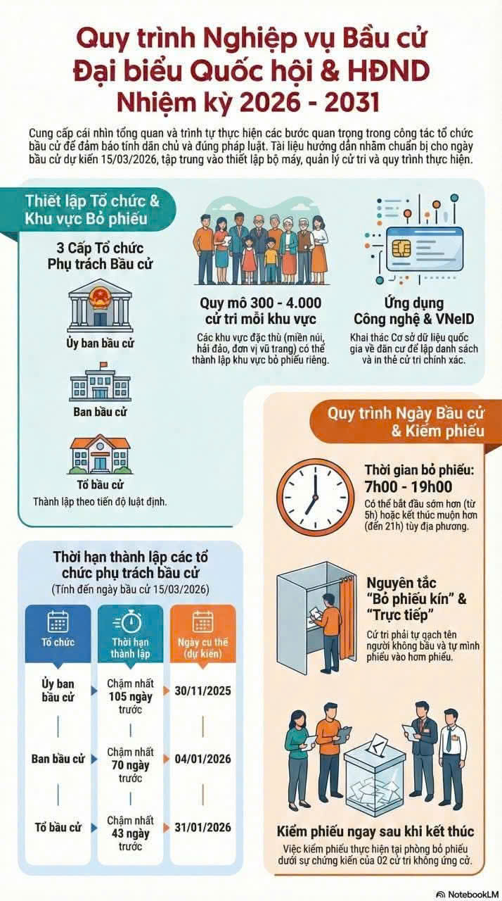 Quy trình nghiệp vụ bầu cử Đại biểu Quốc hội khóa XVI và và Đại biểu HĐND nhiệm kỳ 2026-2031